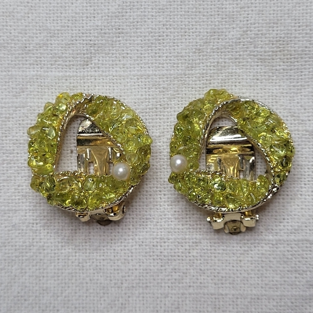 Green Gem Wreath With Pearl Clip on Vintage Earings